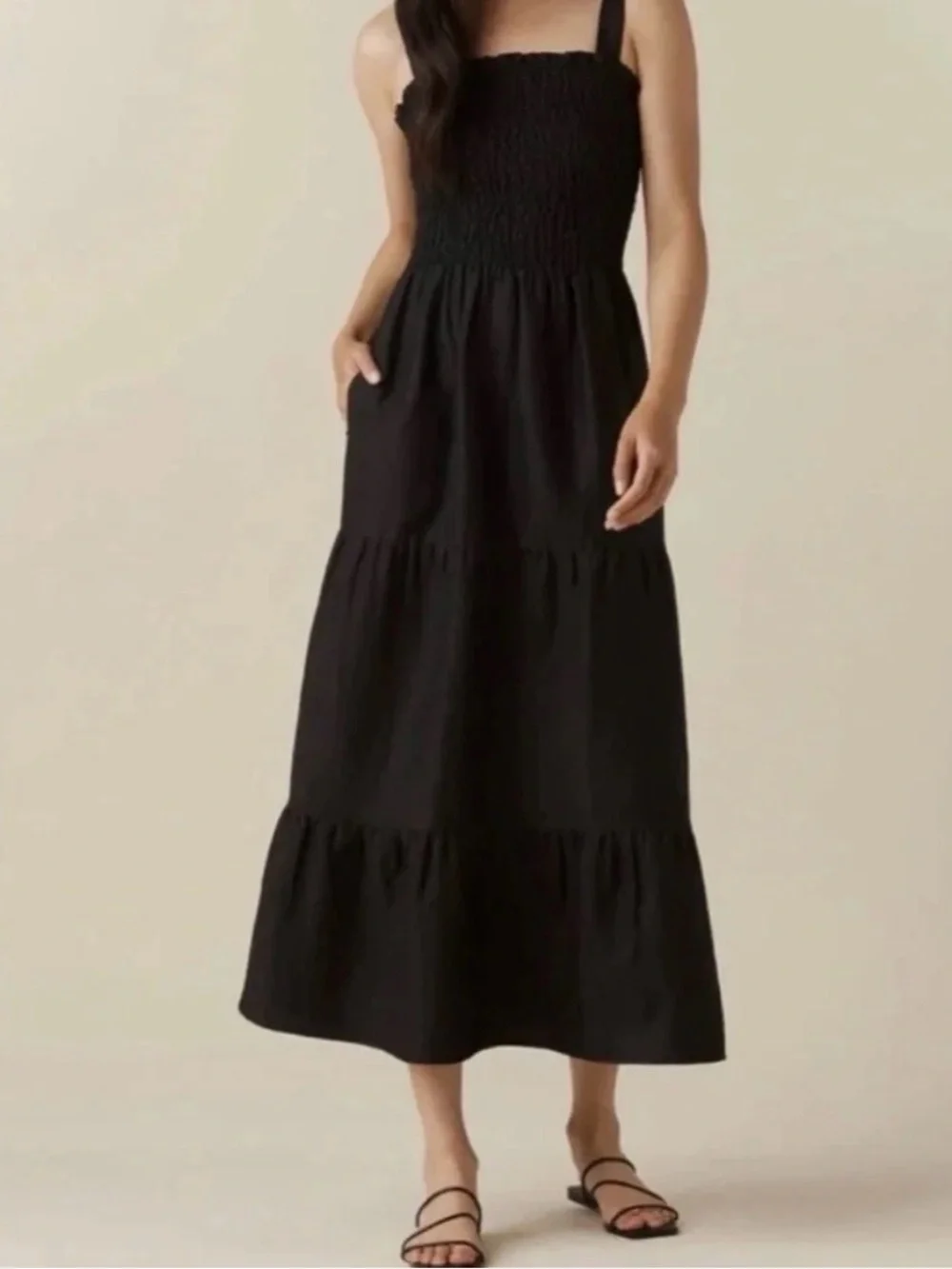 VETTA Black Smocked Tiered Maxi Skirt